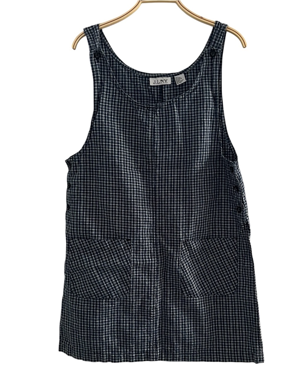 J.L.N.Y. navy blue and white gingham check pinafore Linen Blend jumper dress L